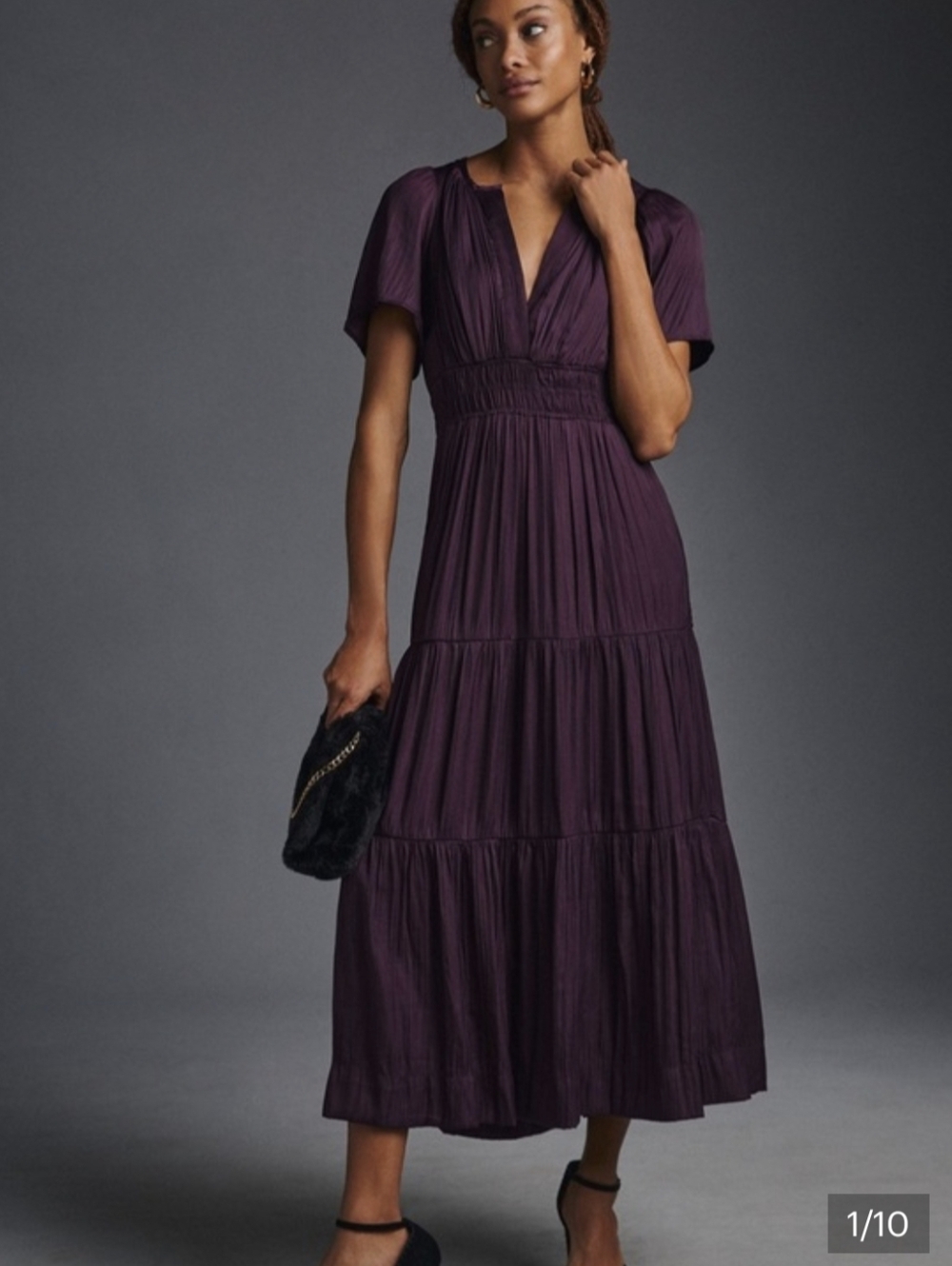 Anthropologie "Somerset" Tiered Maxi Dress In Plum Lurex